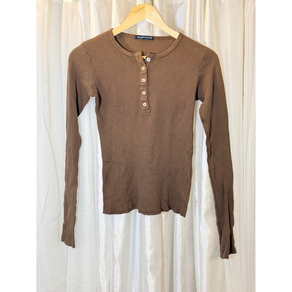 Brandy Melville Henley Top Womens XS/S Brown Long Sleeve Waffle Knit Cotton
